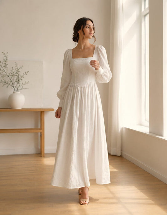 Riley White Linen Midi Dress