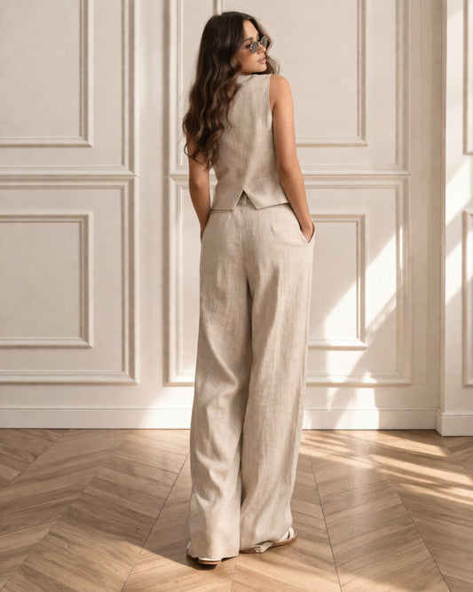 Natural Linen Two Piece Set, Linen Vest and Wide Leg Pants, Minimal Tailored Linen Outfit, Elegant Matching Set