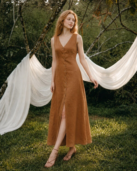 Maribel Button Linen Dress
