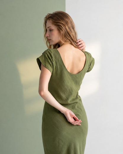 Olive Linen Dress, Short Sleeve Midi Dress, Twist Front V Neck Dress, Casual Summer Dress with Scoop Back