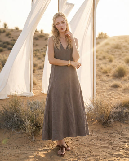 Sleeveless Linen Midi Dress, V Neck Linen Dress, Casual Summer Dress, Minimalist Resort Wear