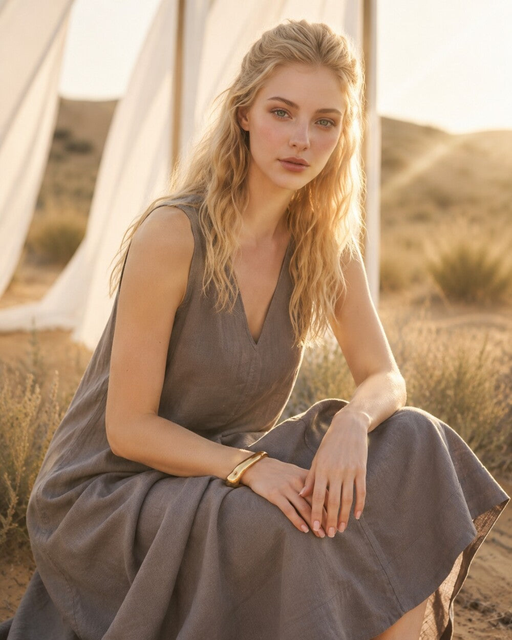 White Linen Midi Dress, Sleeveless V Neck Summer Dress, Minimalist Linen Vacation Dress, Boho Beach Dress