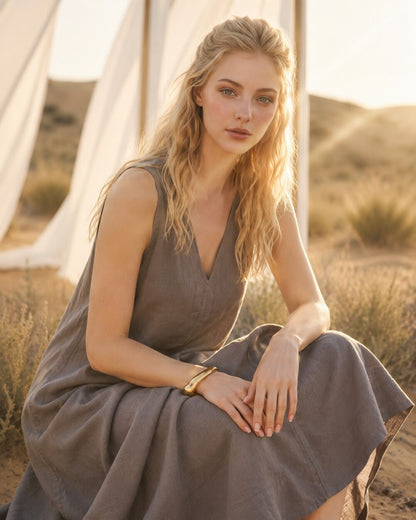 White Linen Midi Dress, Sleeveless V Neck Summer Dress, Minimalist Linen Vacation Dress, Boho Beach Dress