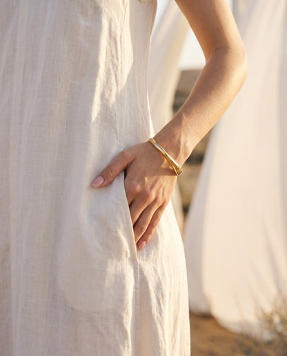 White Linen Midi Dress, Sleeveless V Neck Summer Dress, Minimalist Linen Vacation Dress, Boho Beach Dress