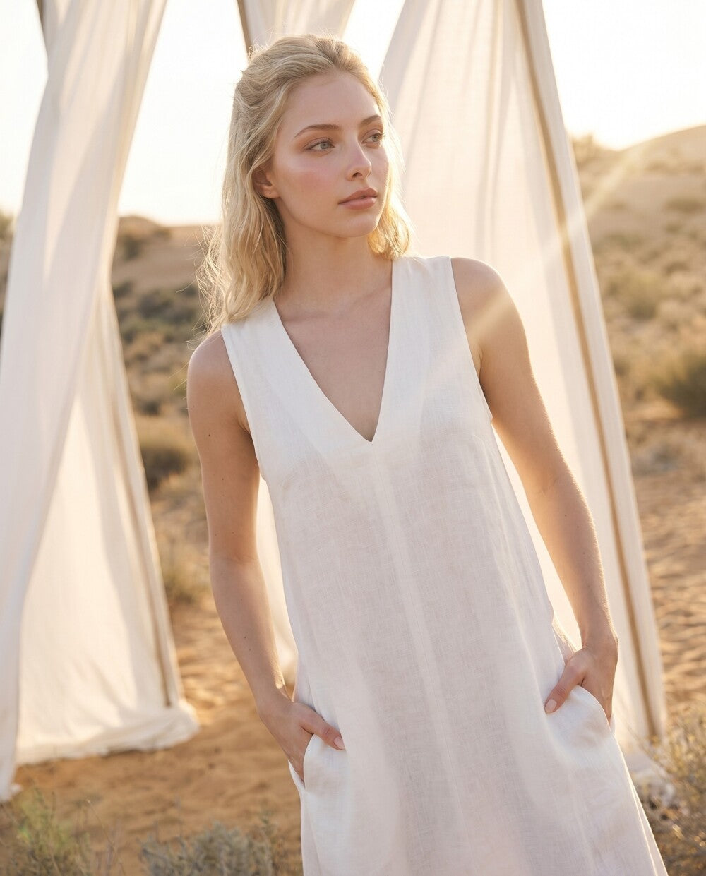 White Linen Midi Dress, Sleeveless V Neck Summer Dress, Minimalist Linen Vacation Dress, Boho Beach Dress
