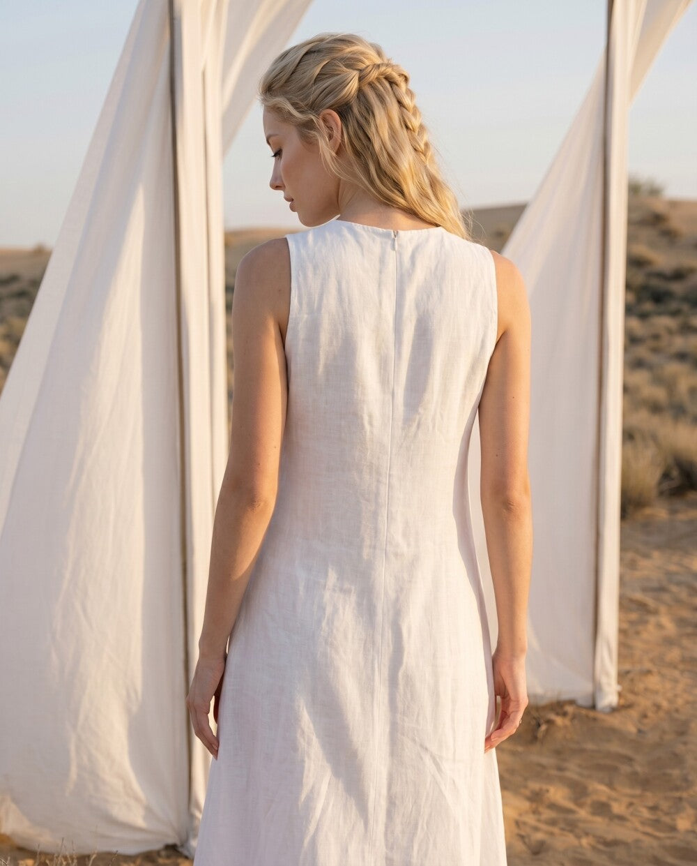 White Linen Midi Dress, Sleeveless V Neck Summer Dress, Minimalist Linen Vacation Dress, Boho Beach Dress