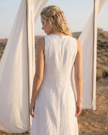 White Linen Midi Dress, Sleeveless V Neck Summer Dress, Minimalist Linen Vacation Dress, Boho Beach Dress