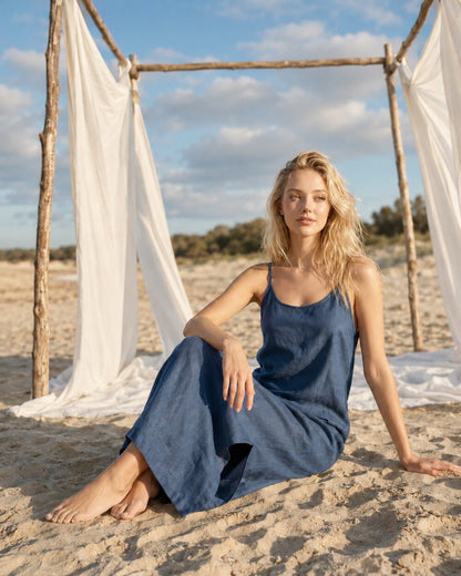 Sleeveless Linen Dress, Spaghetti Strap Beach Dress, Relaxed Summer Midi Dress with Side Slit