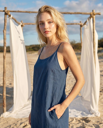 Sleeveless Linen Dress, Spaghetti Strap Beach Dress, Relaxed Summer Midi Dress with Side Slit