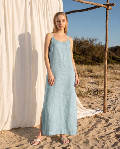 Natural Linen Midi Dress, Sleeveless Spaghetti Strap Summer Dress, Beach Vacation Dress with Side Slit