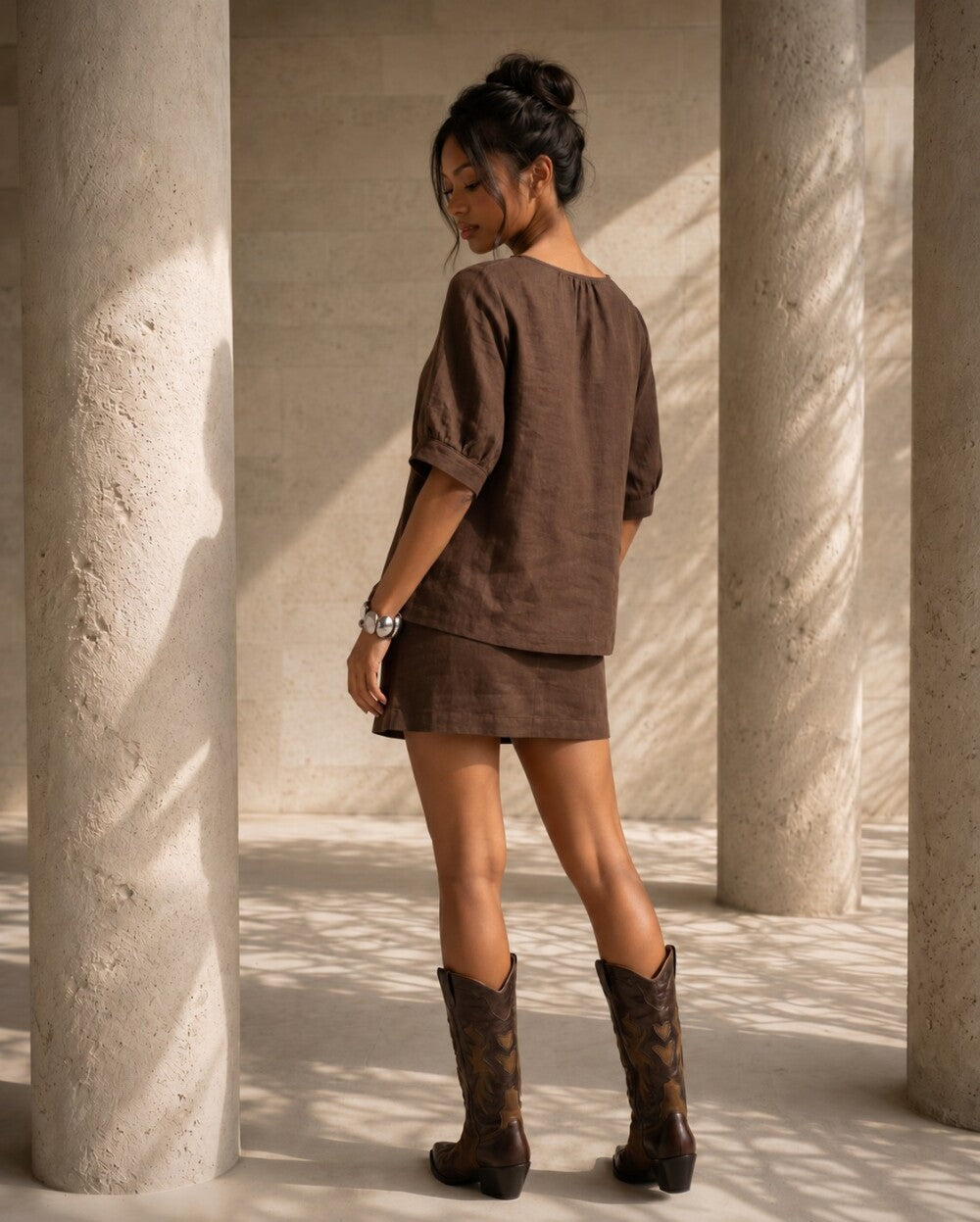 Brown Linen Top for Women, Short Sleeve Tie Waist Blouse, Casual Summer Linen Shirt
