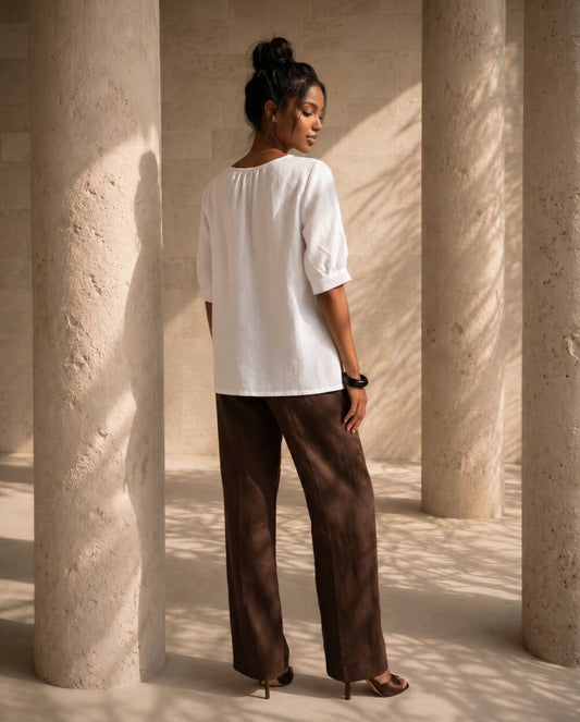 Linen Shirt for Women, Short Sleeve Waist Tie Top, Lightweight Summer Blouse