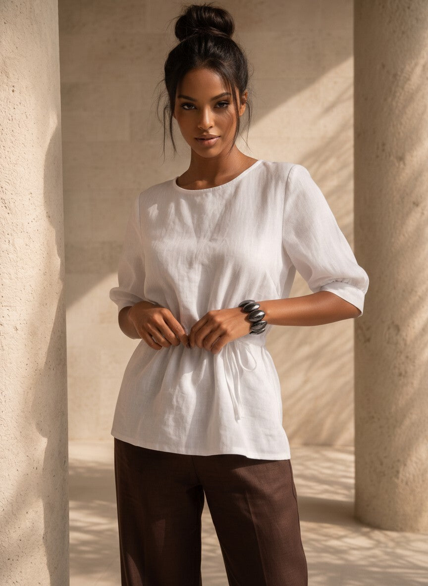 Linen Shirt for Women, Short Sleeve Waist Tie Top, Lightweight Summer Blouse