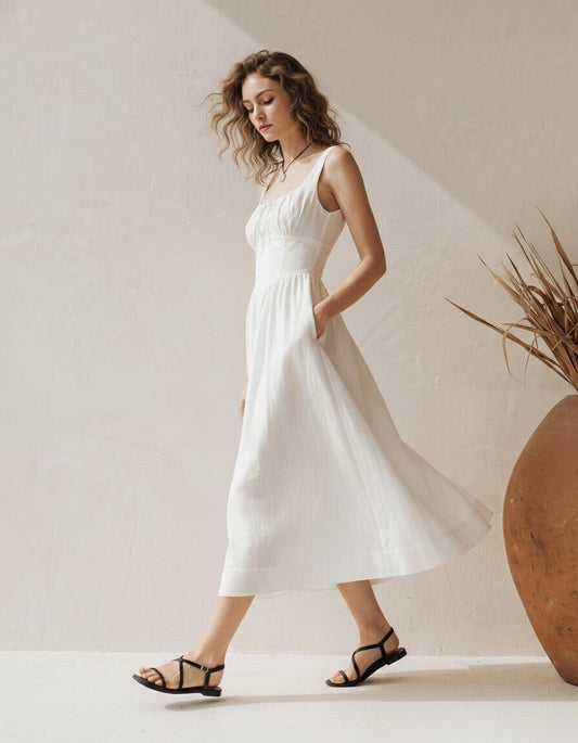 Raven White Linen Midi Dress