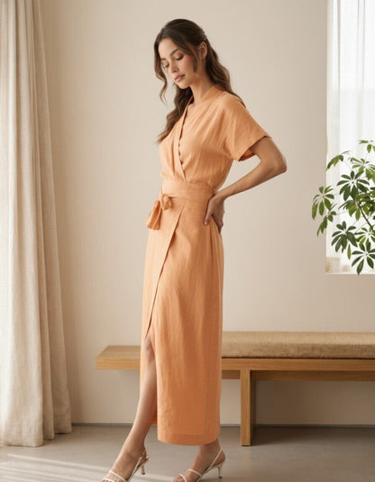 Fushi Linen Wrap Midi Dress