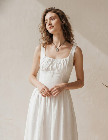 White Linen Midi Dress, Ruched Bust Sundress, Wide Strap Corset Waist Dress, Summer Vacation Dress, Bridal Shower Outfit