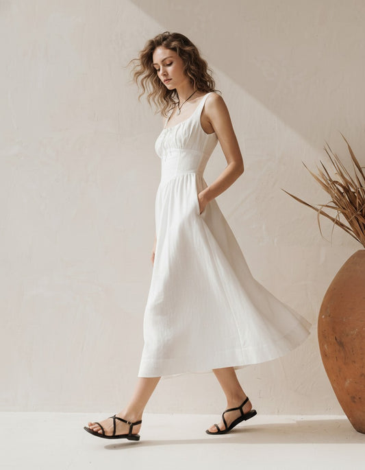 White Linen Midi Dress, Ruched Bust Sundress, Wide Strap Corset Waist Dress, Summer Vacation Dress, Bridal Shower Outfit