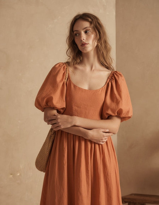 Coraline Linen Puff Sleeve Dress
