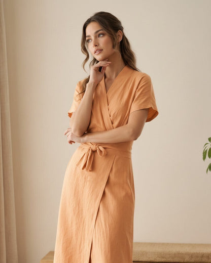 Fushi Linen Wrap Midi Dress