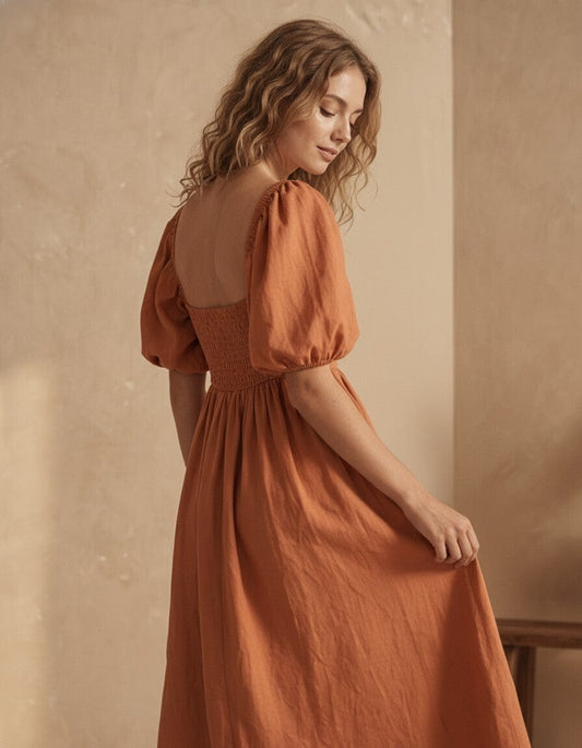 Coraline Linen Puff Sleeve Dress