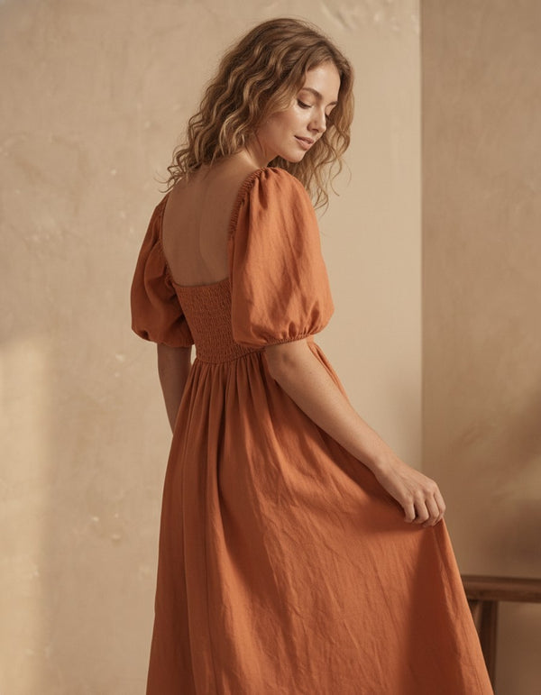 Linen Puff Sleeve Dress, Midi Empire Dress with Smocked Back, Romantic Cottagecore Dress, Brunch Vacation Look