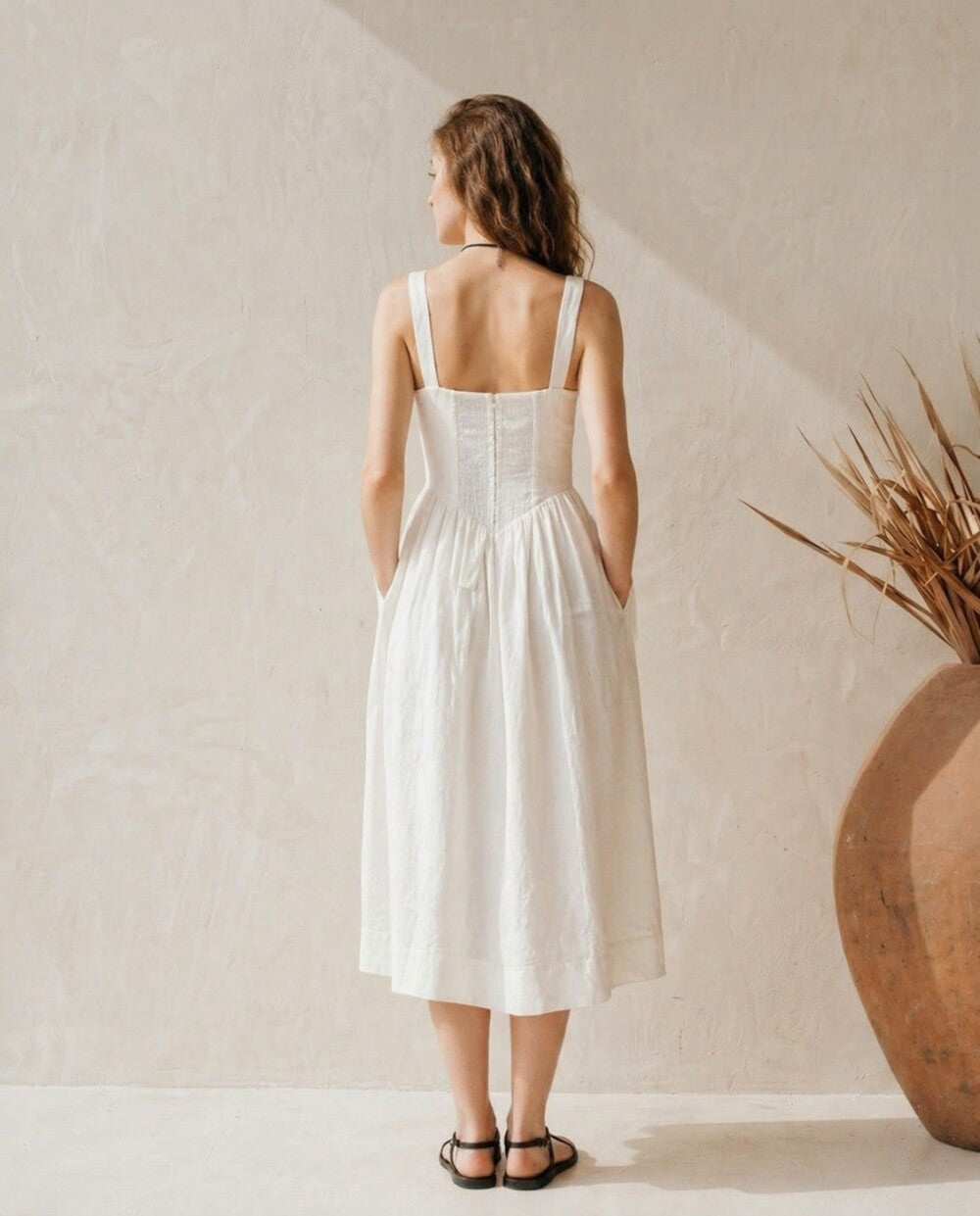 White Linen Midi Dress, Ruched Bust Sundress, Wide Strap Corset Waist Dress, Summer Vacation Dress, Bridal Shower Outfit