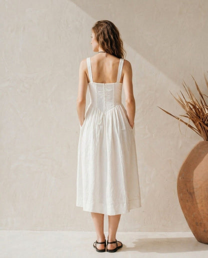 White Linen Midi Dress, Ruched Bust Sundress, Wide Strap Corset Waist Dress, Summer Vacation Dress, Bridal Shower Outfit