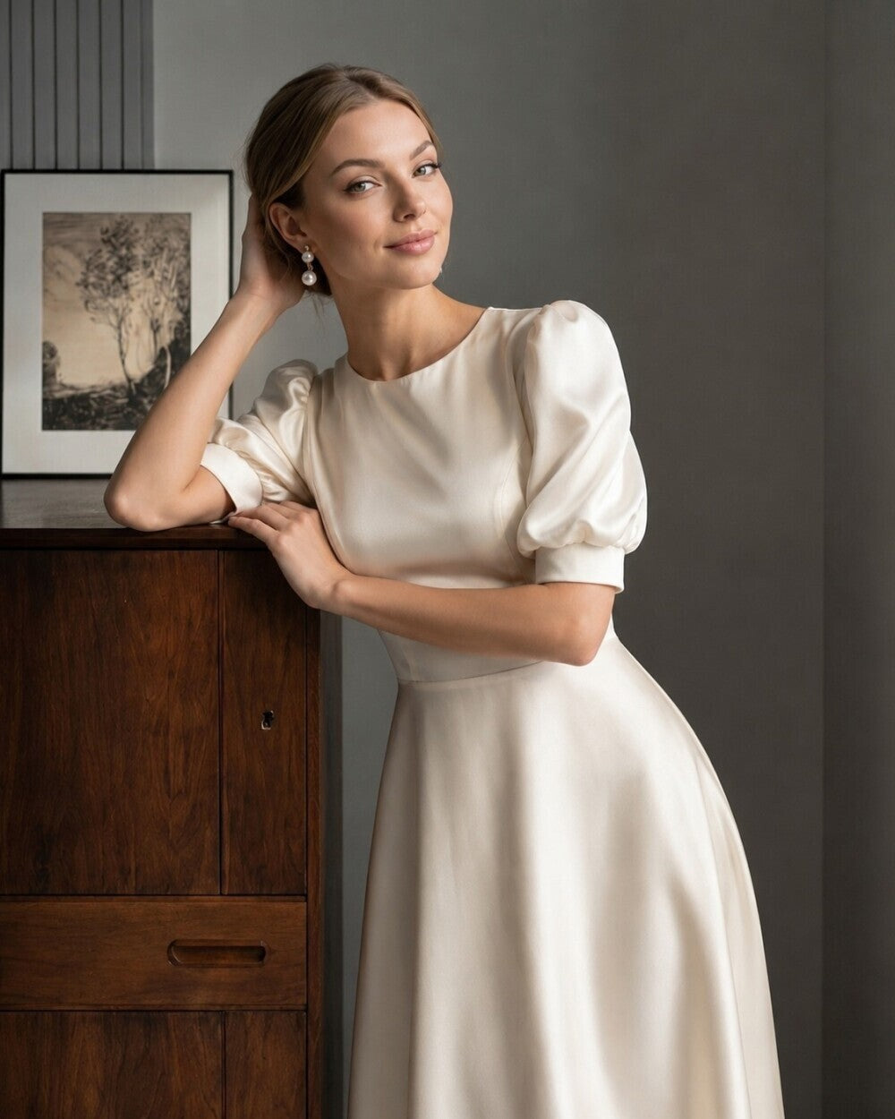 Elise Puff-Sleeve Silk Midi Dress