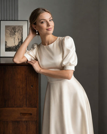 Elise Puff-Sleeve Silk Midi Dress