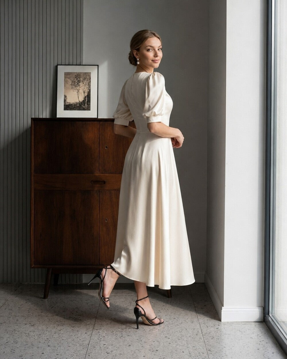 Elise Puff-Sleeve Silk Midi Dress