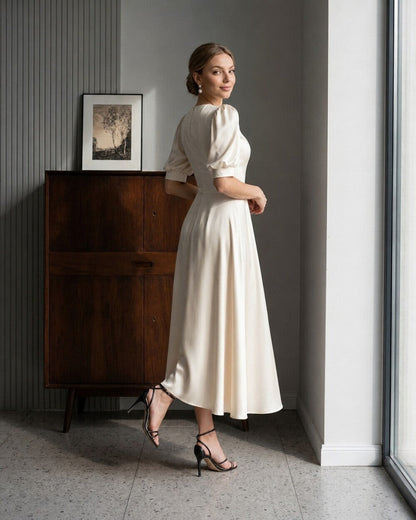 Elise Puff-Sleeve Silk Midi Dress