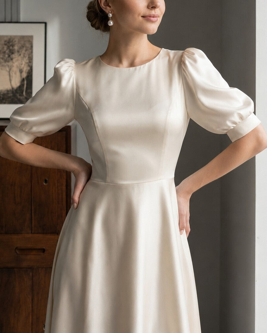Elise Puff-Sleeve Silk Midi Dress