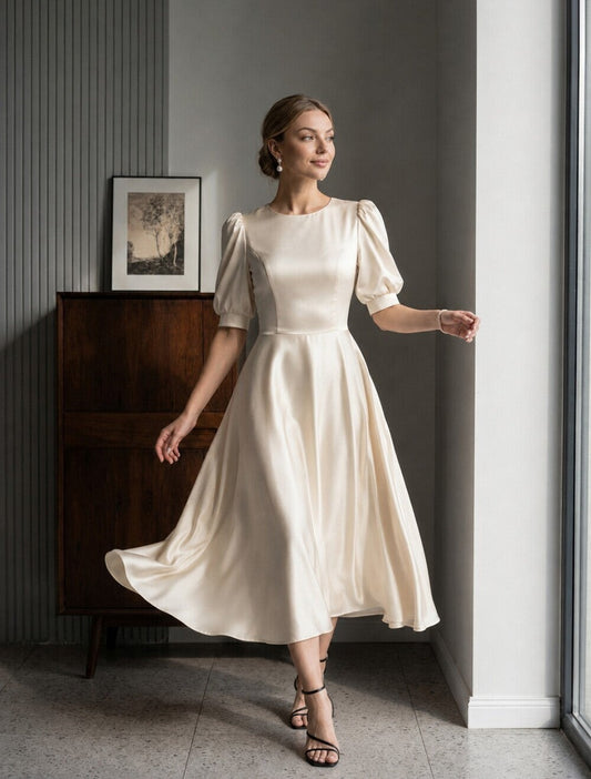 Elise Puff-Sleeve Silk Midi Dress