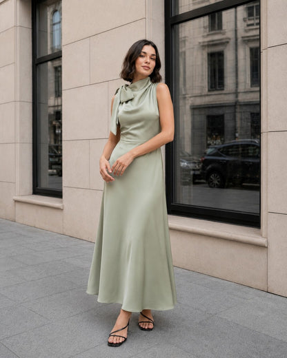 Satin Bow Neck Midi Dress, Elegant Sleeveless Wedding Guest Dress, Formal Party Dress