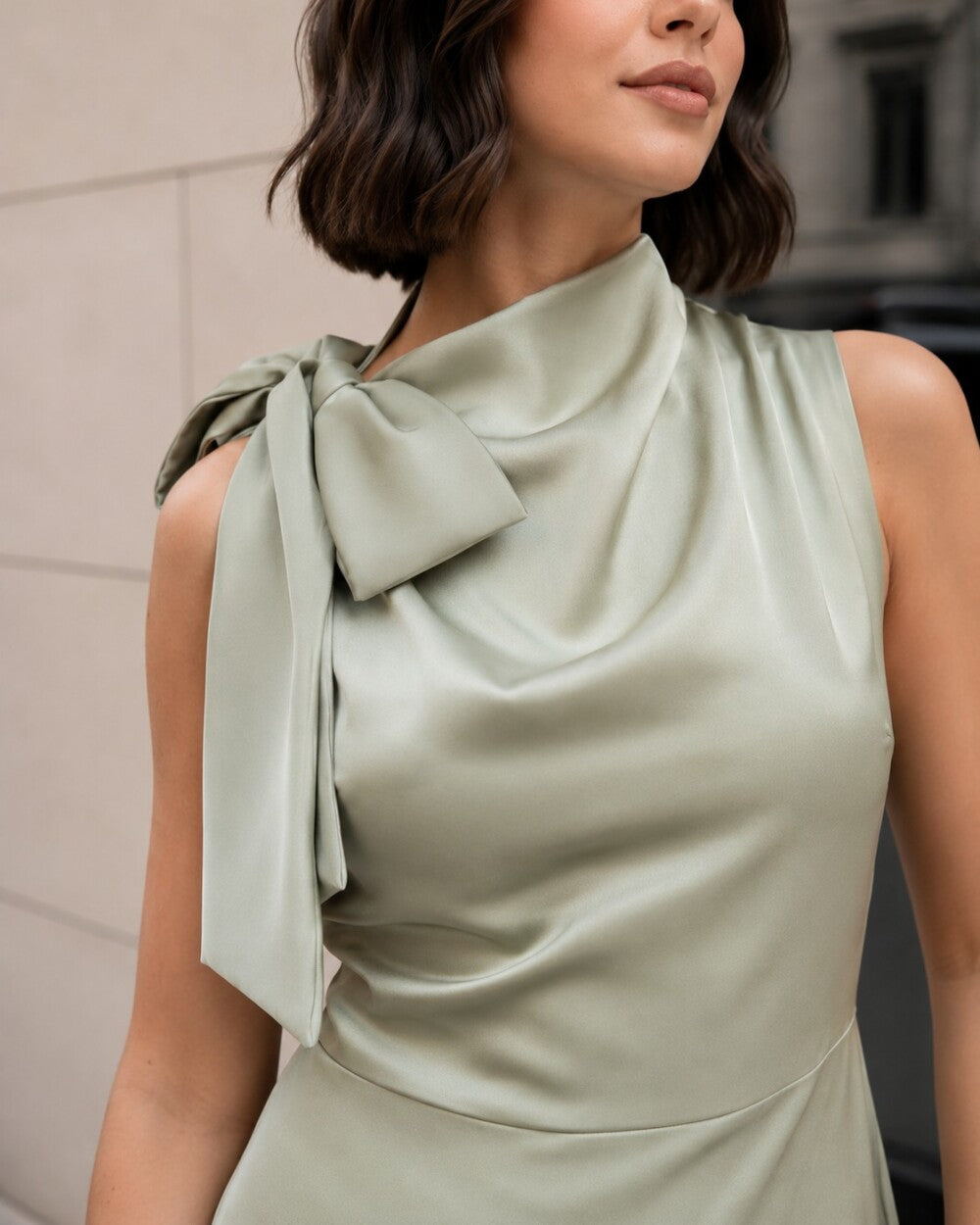 Satin Bow Neck Midi Dress, Elegant Sleeveless Wedding Guest Dress, Formal Party Dress