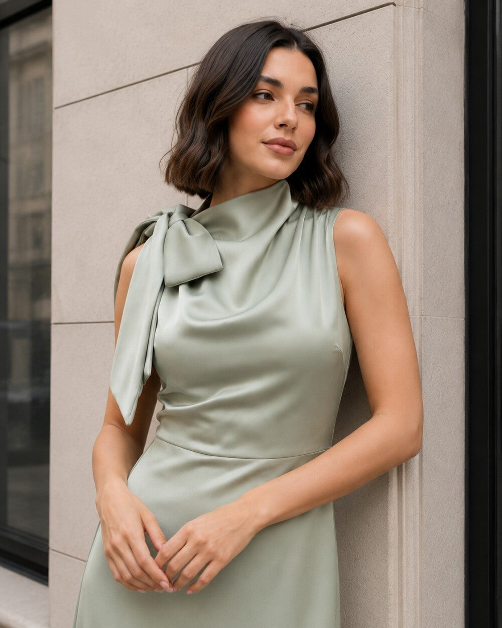 Satin Bow Neck Midi Dress, Elegant Sleeveless Wedding Guest Dress, Formal Party Dress