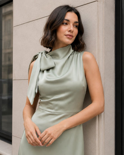 Satin Bow Neck Midi Dress, Elegant Sleeveless Wedding Guest Dress, Formal Party Dress