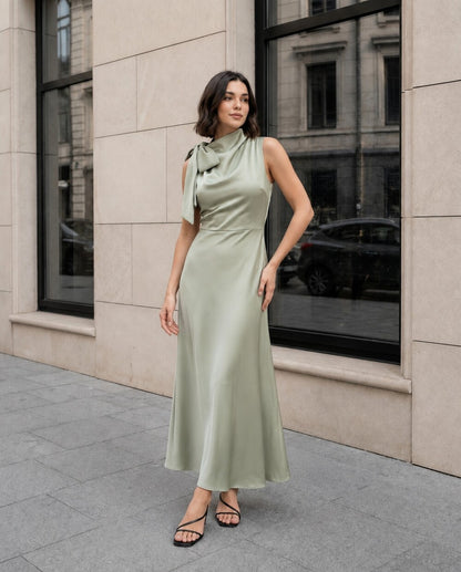 Satin Bow Neck Midi Dress, Elegant Sleeveless Wedding Guest Dress, Formal Party Dress