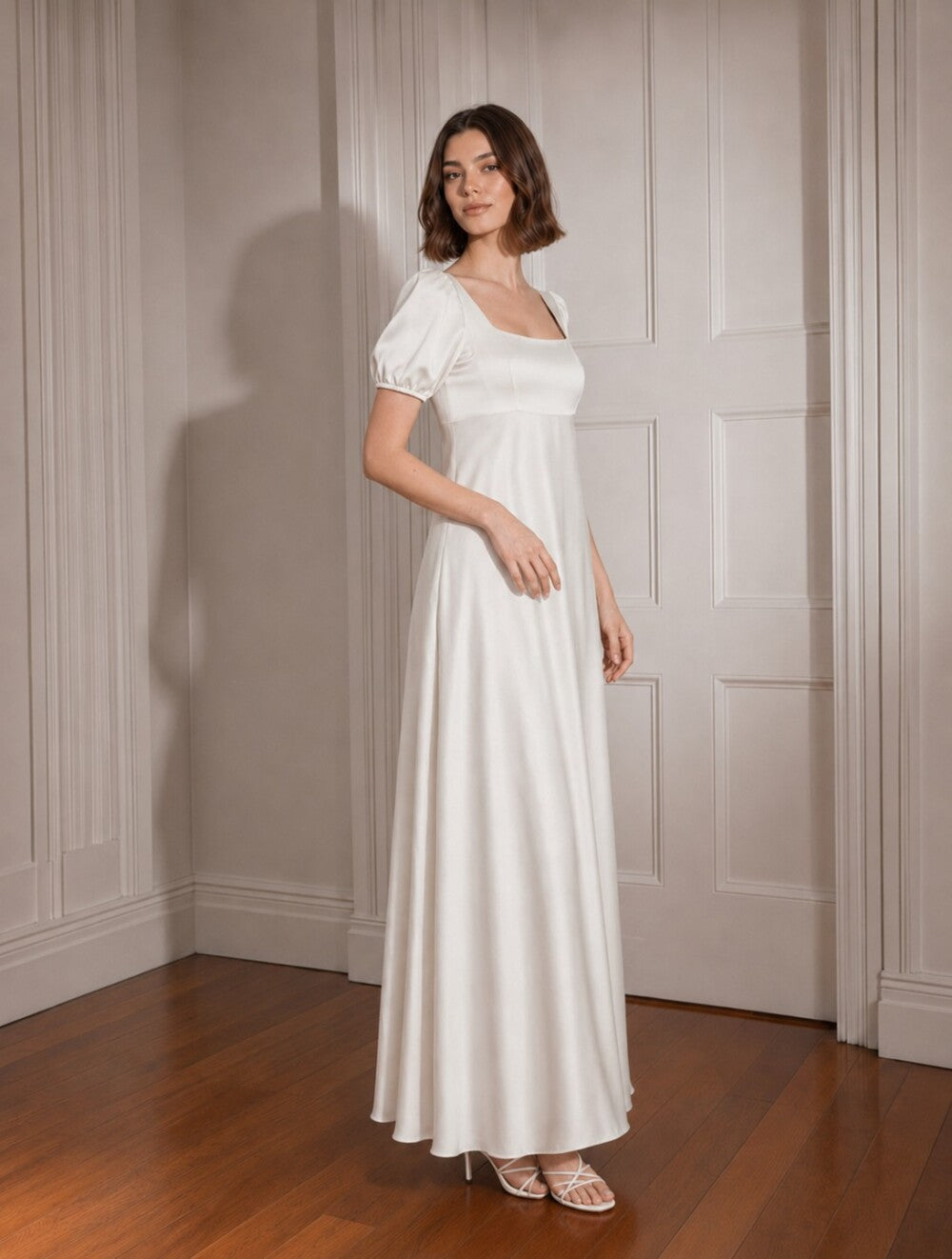 Silk Regency Gown, Puff Sleeve Empire Waist Dress, Romantic Satin Maxi Dress for Bridal or Formal Wear