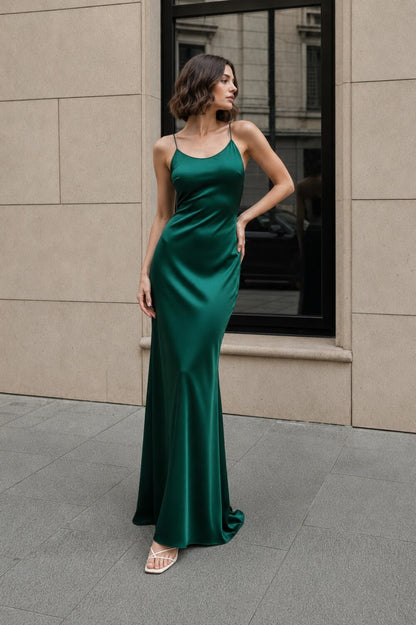 Satin Spaghetti Strap Maxi Dress, Open Back Formal Gown, Minimal Bridal Evening Dress
