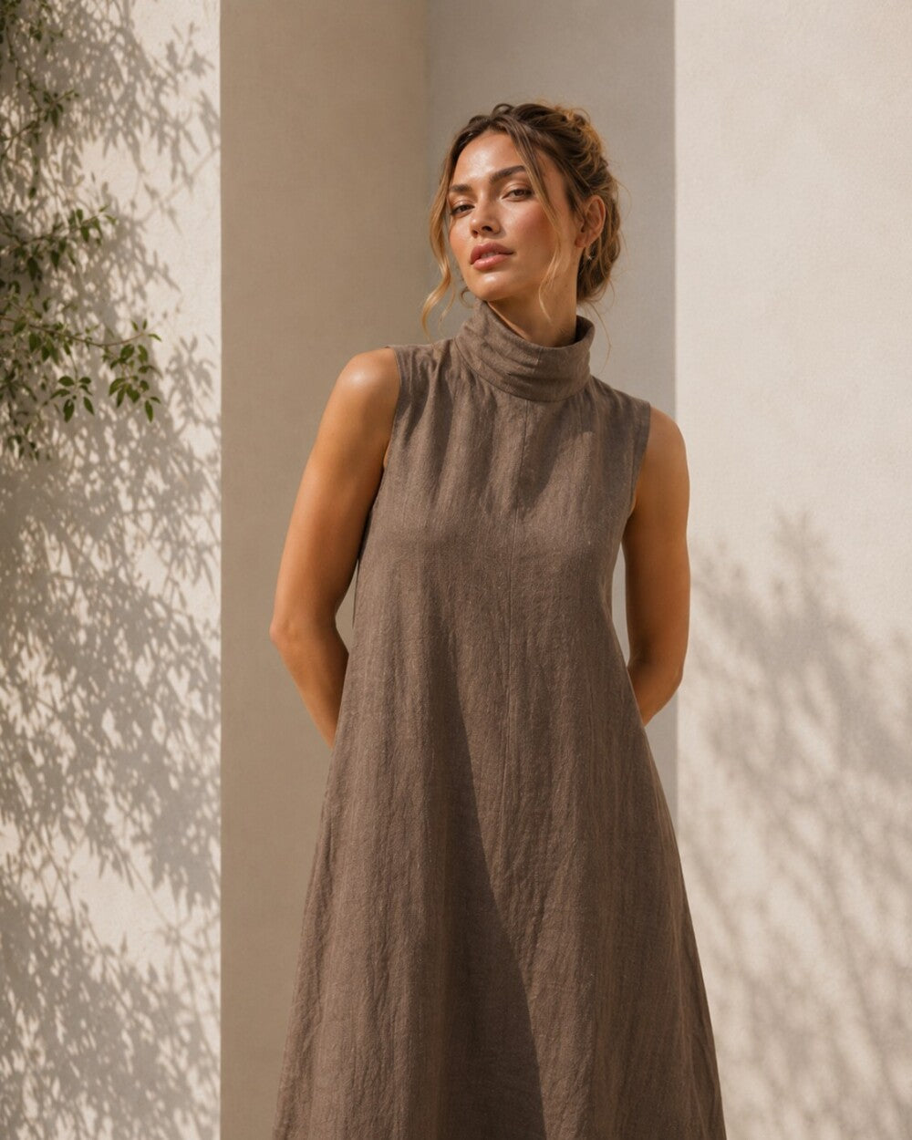 Brown Linen Maxi Dress, Sleeveless High Neck A Line Dress, Minimal Summer Dress, Modest Long Dress, Vacation Resort Wear