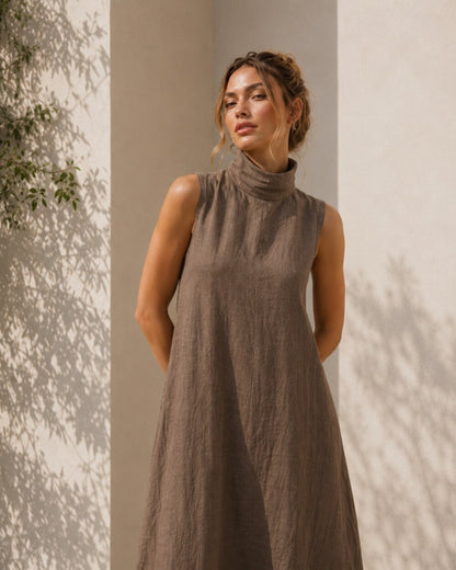 Brown Linen Maxi Dress, Sleeveless High Neck A Line Dress, Minimal Summer Dress, Modest Long Dress, Vacation Resort Wear