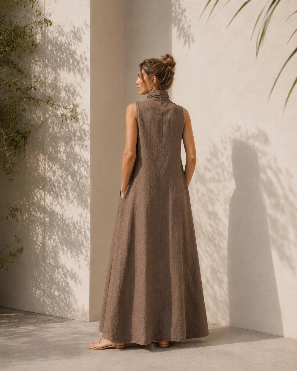 Brown Linen Maxi Dress, Sleeveless High Neck A Line Dress, Minimal Summer Dress, Modest Long Dress, Vacation Resort Wear