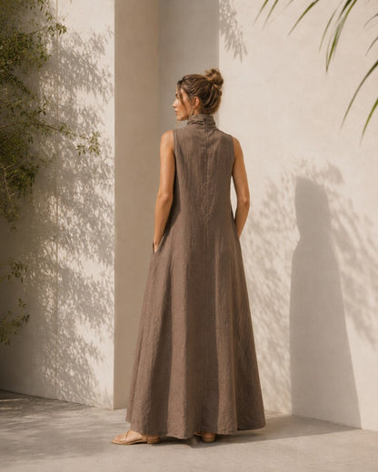 Brown Linen Maxi Dress, Sleeveless High Neck A Line Dress, Minimal Summer Dress, Modest Long Dress, Vacation Resort Wear