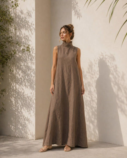 Brown Linen Maxi Dress, Sleeveless High Neck A Line Dress, Minimal Summer Dress, Modest Long Dress, Vacation Resort Wear
