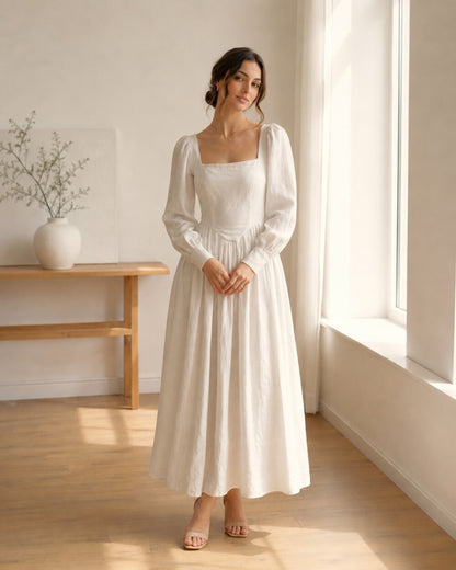 White Linen Midi Dress, Square Neck Puff Sleeve Dress, Corset Waist Summer Dress, Wedding Guest Dress