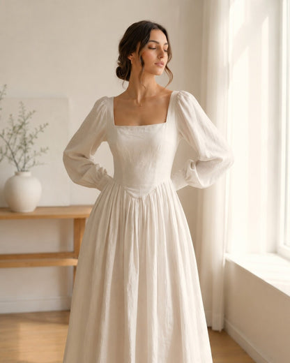 White Linen Midi Dress, Square Neck Puff Sleeve Dress, Corset Waist Summer Dress, Wedding Guest Dress