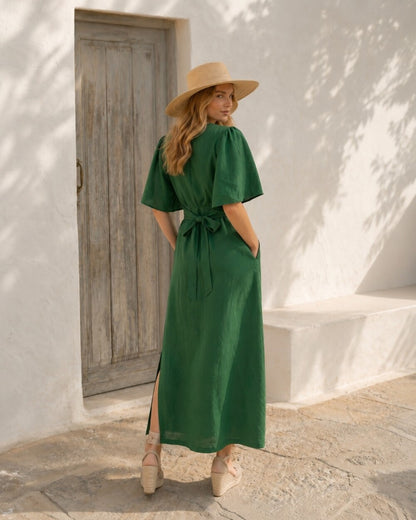 Natural Linen Wrap Maxi Dress, Flutter Sleeve Summer Dress, Tie Waist Dress, Side Slit Resort Wear