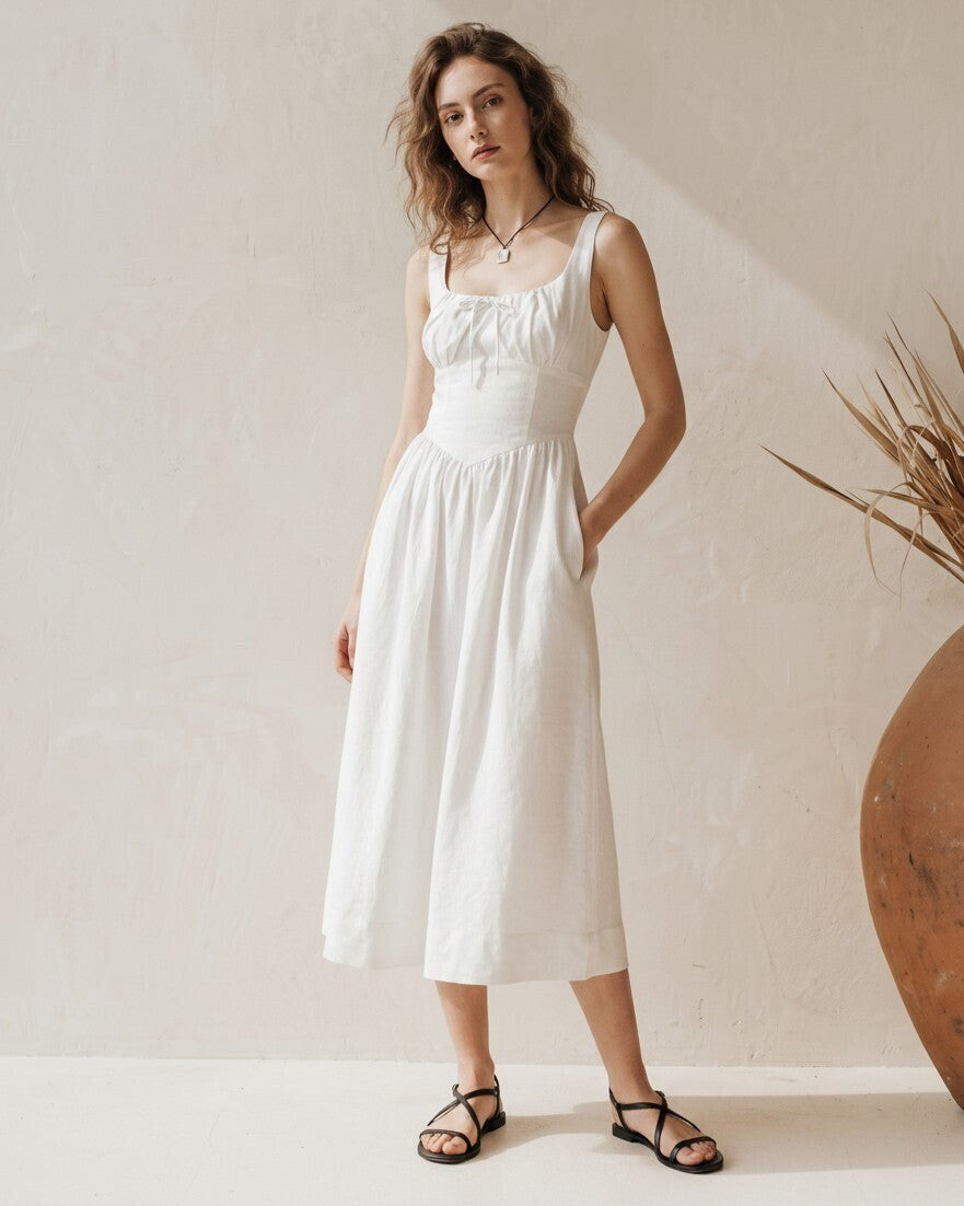 Raven White Linen Midi Dress