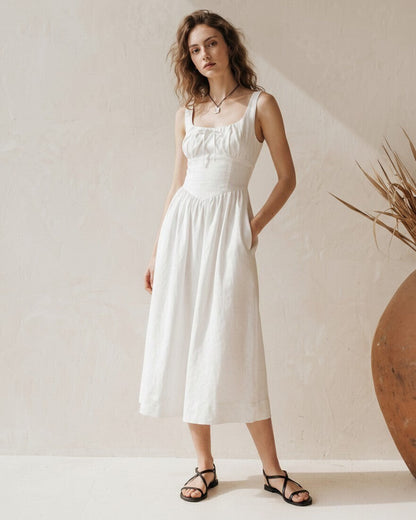 Raven White Linen Midi Dress